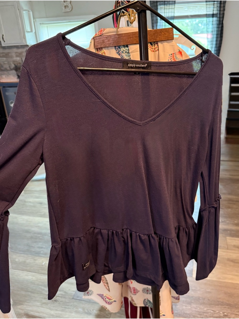 Simply Southern Navy V-Neck Ruffle-Hem Long Sleeve Tunic Top